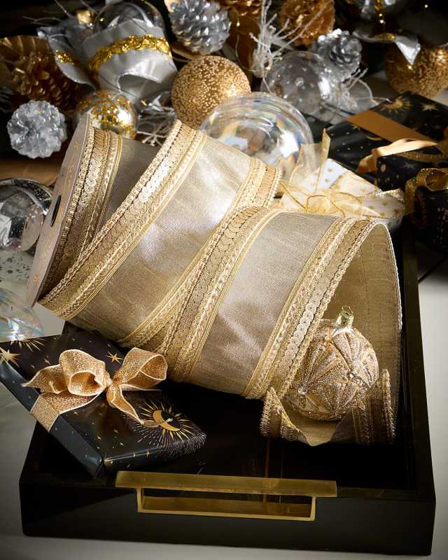 Sequin Platinum Metallic Dupion Ribbon, 4" x 5 Yards